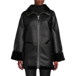 Rebecca Minkoff Oversized Vegan Shearling Trim Coat Faux Leather Size Large